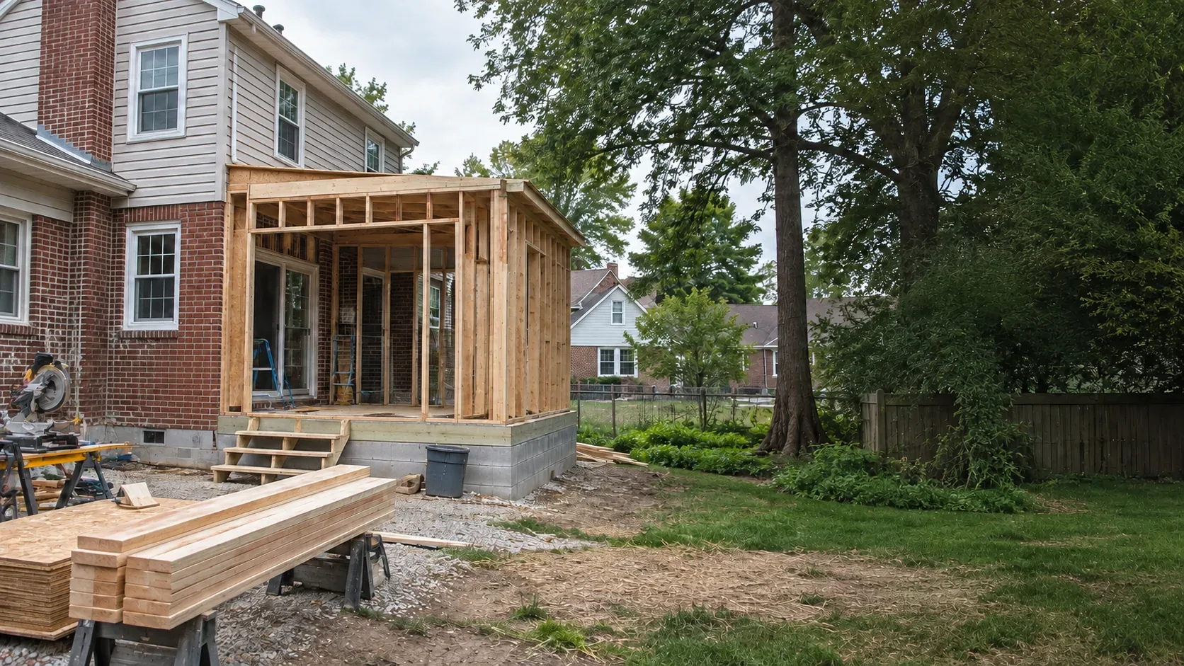 Wood-framed porch addition under construction on a Dayton-area home